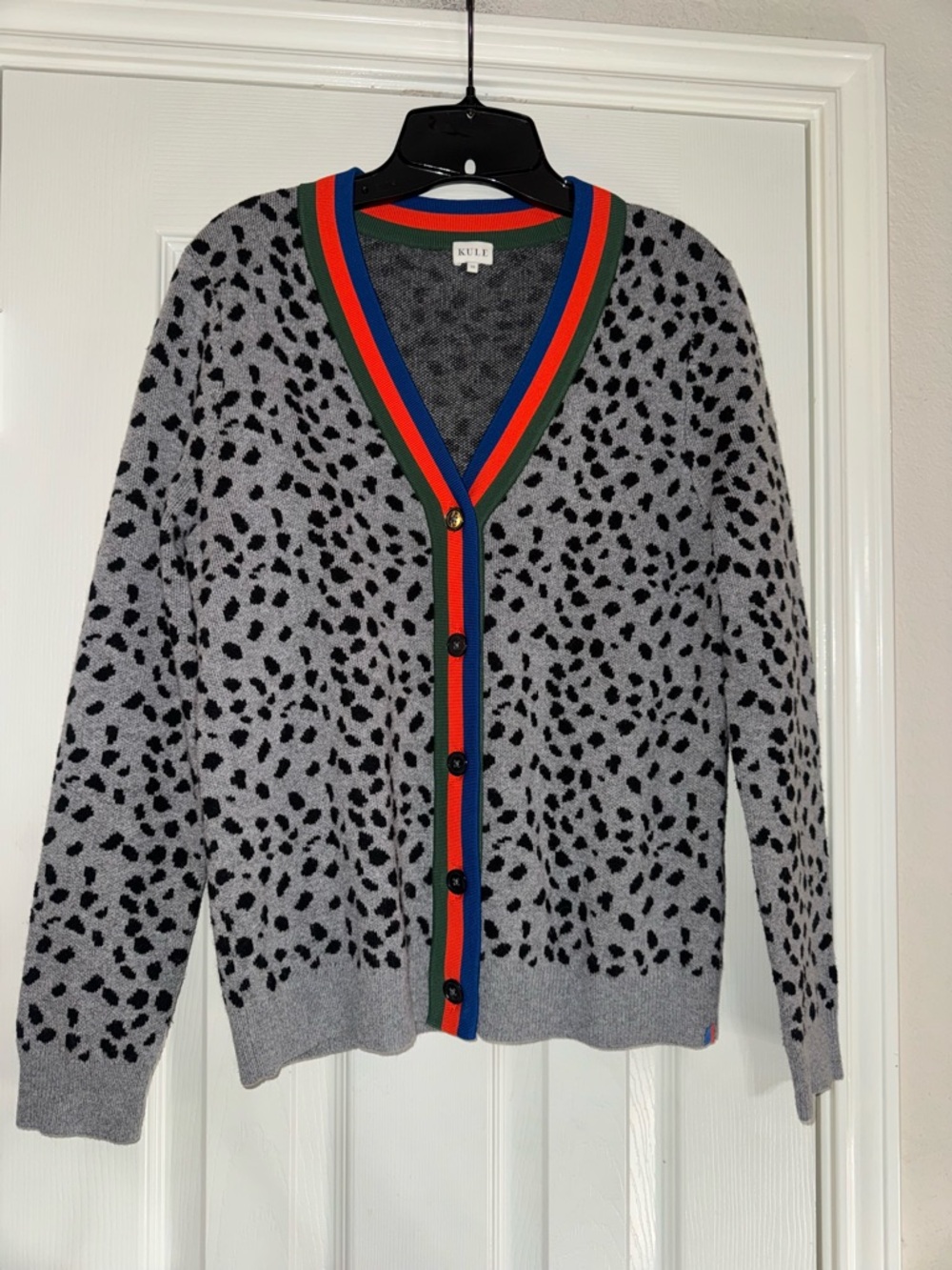 KULE Gray and Black Leopard Cardigan with Red Blue Green Trim